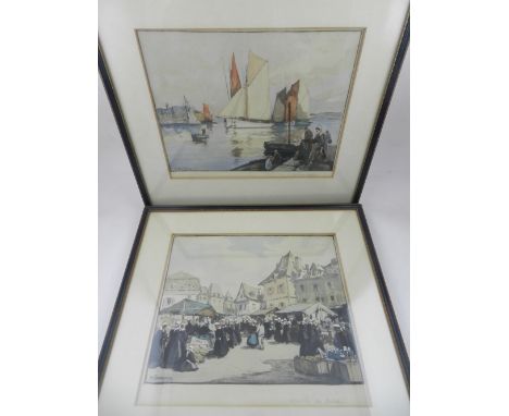 After Henri Barnoin (French, 1882-1940), French Market Scene, coloured print, titled and numbered 9 to lower right, together 