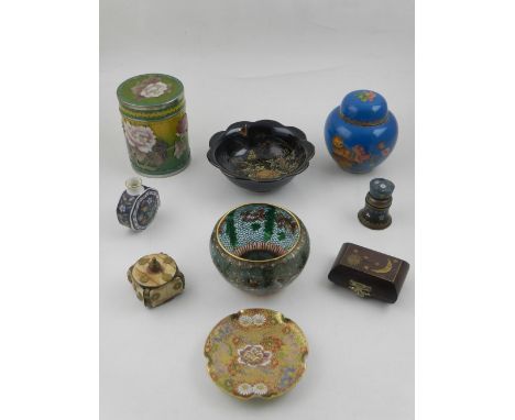 A collection of 19th/20th century Oriental items, to include two enamel pots and cvovers, a Satsuma dish, etc. (9)