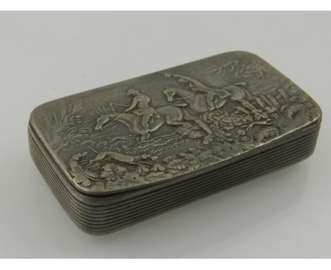 A Cornish pewter snuff box, the hinged lid decorated with a hunting scene.