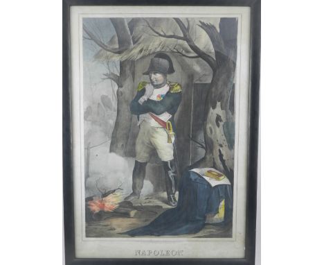 A 19th century print of Napoleon, standing in a striking pose beside a fire, 49 x 32cm, together with six further Napoleonic 