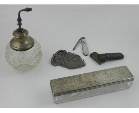 Victorian silver folding fruit knife, with engraved mother of pearl handle, together with a rectangular glass silver mounted 