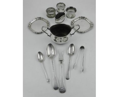 A small quantity of silver including a selection of napkin rings, twin handle sucrier, two square coasters and sundry other i