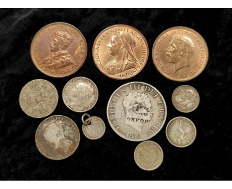 Collection of British &amp; World silver coins to include an 1819 George III half crown (counterstamped), a 1787 George III s