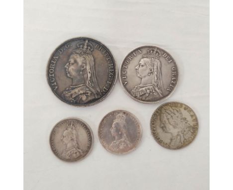 Great Britain. Collection of silver coins to include an 1887 Victoria Crown &amp; Halfcrown &amp; a 1758 George II Shilling. 