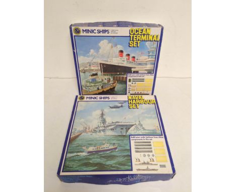 Minic Ships by Hornby 1:1200 scale boxed model ships. To include Naval Harbour Set &amp; Ocean Terminal set. Both with instru