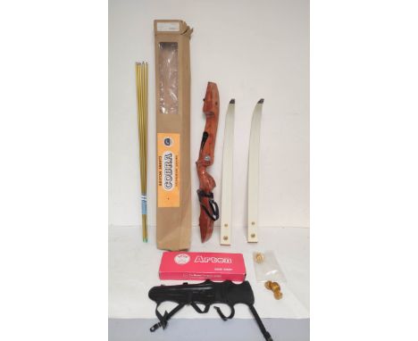 Vintage 1970s Les Howis Challenger recurve bow with Cobra tournament arrows, arm-guards and an Arten sight.&nbsp; 