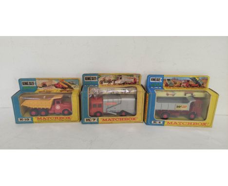 Three vintage boxed Matchbox Kingsize model vehicles to include a Scammell Tipper Truck K-19, Refuse Truck K-7, &amp; a Leyla