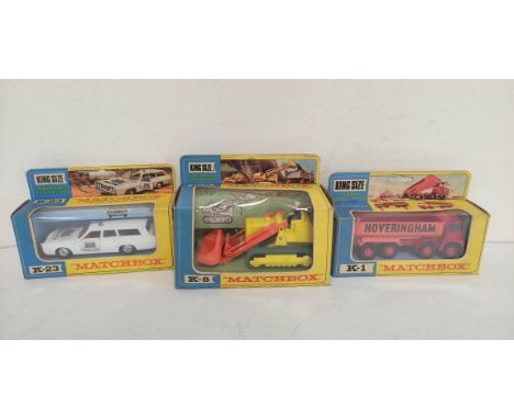 Three vintage boxed Matchbox Kingsize model vehicles to include a Mercury Police Car K-23, Caterpillar Excavator K-8 &amp; a 