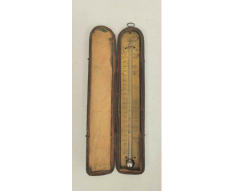 18th century gilt brass thermometer signed J. Harris & Son London with mercury filled glass tube in a fitted shagreen case.Co