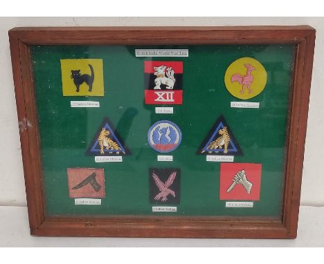 WW2. Framed Indian army divisional patches to include SACSEA, 12th Army, 17th Indian Division etc 