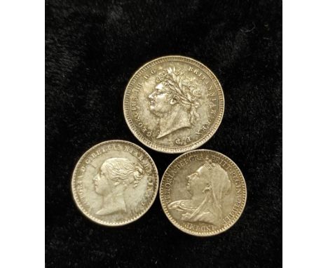 Great Britain. Three 19th century silver Maundy coins to include an 1822 George IV 2d (12,000), 1839 Victoria 1d (8,976) &amp