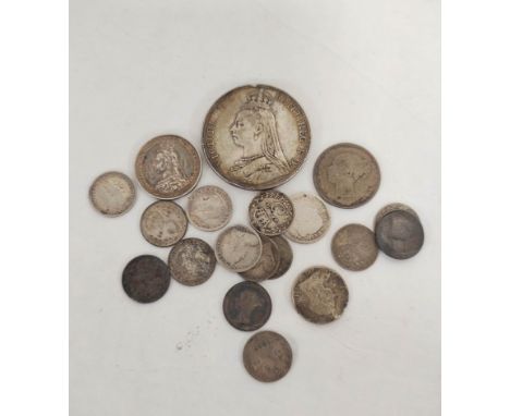 United Kingdom. Collection of .925 sterling silver coins to include an 1891 Victoria crown, an 1887 shilling EF &amp; various