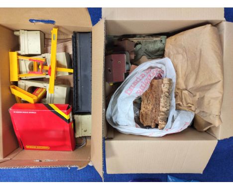 Two boxes containing a quantity of vintage 00 gauge model railway scenery. 