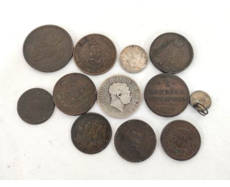 Collection of world coins including silver to include an 1813 Irish 10 pence, an 1817 halfcrown, 1853 USA cent &amp; an 1830 