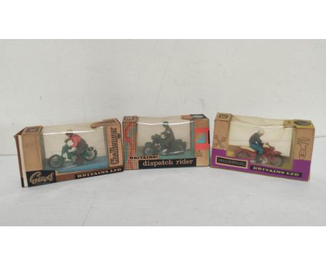 Three boxed vintage 1960s 1:32 scale Britains Ltd motorcyclist figures to include a Honda-Benly 9687, Greeves 250cc 9691 &amp