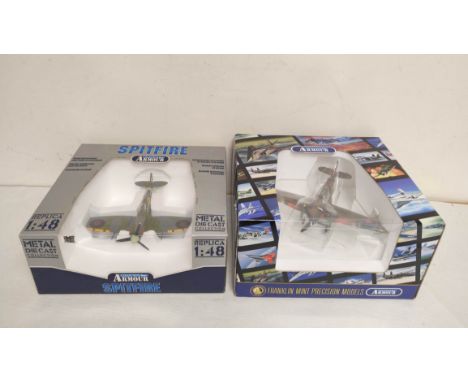 Two 1:48 scale Franklin Mint Armour Collection boxed diecast airplanes. To include a Spitfire Mk5 (98160) &amp; a Hawker Hurr