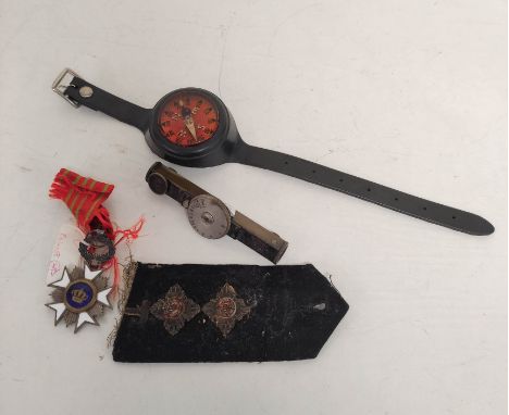 Lot comprising of a WW1 era Belgian Order of the Crown medal, a Japanese wrist compass, Victorian shoulder pips &amp; an earl