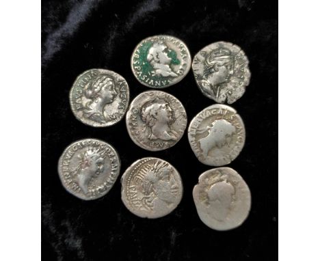 Collection of eight ancient Roman Denari silver coins. To include issues by Faustina II (147-176AD), Faustina Senior (141-146