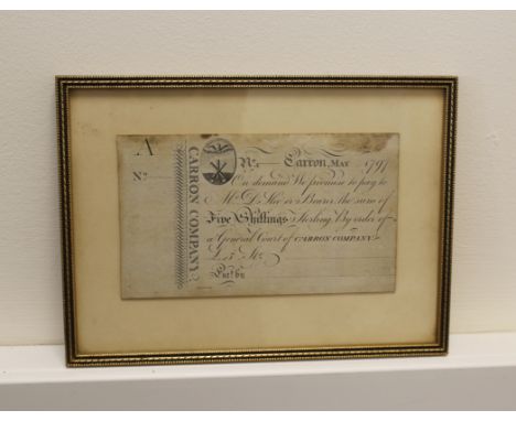 Scotland-&nbsp;Carron Company May 1797 framed 5 Shilling note. The famous iron company was the second establishment to issue 