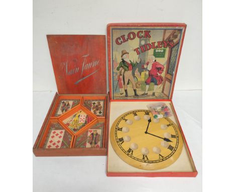 Antique French Nain Jaune (yellow dwarf) wooden box with five compartments. Also a vintage Clock Tidleys tiddlywinks set by G