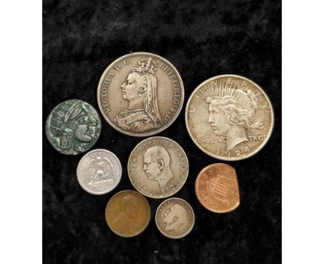 Group of world coins comprising of silver and pre-decimal issues. To include an 1889 Victoria crown, an American .900 grade 1