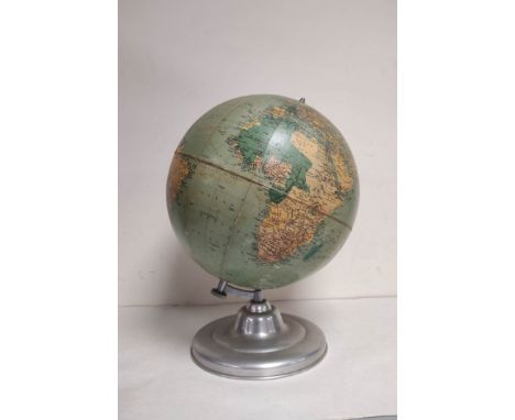 Vintage mid 20th century "Cartes Taride" Philips Challenge 13.5" world globe raised on a polished aluminium base.