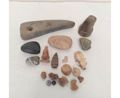 Collection of tribal stone tools and implements to include granite, basalt &amp; shale axe heads, a greenstone pick/ club &am