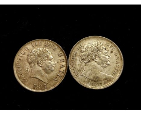 Great Britain. 1817 George III 1/2 crown first type &amp; another of the second type. Mintage 8,093,000. Both XF/AU (2) 