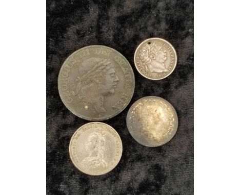 19th century silver coins to include an 1812 3 Shilling Bank Token, an 1805 Ireland Ten Pence &amp; an 1887 Shilling (4) 