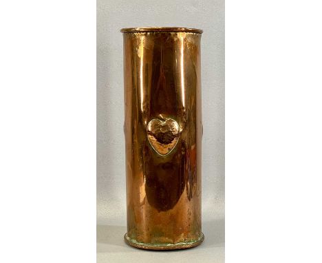 ART NOUVEAU CYLINDRICAL COPPER STICK STAND, embossed with hearts and with riveted seam, 50 (h) x 20cms (diam.)Provenance: pri