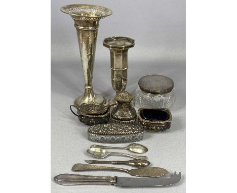 ASSORTED SILVER COLLECTABLES including a trumpet form vase having pierced rim and weighted base, 21.5cms (h), octagonal trump