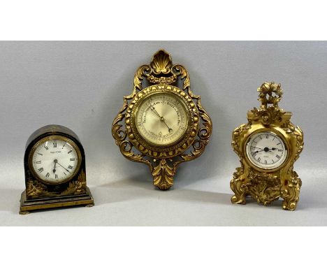 MAPPIN & WEBB DOME TOP MANTEL CLOCK with Chinoiserie case on gilded bun feet, 16cms (h) with gilt cased mantel clock, 26cms (