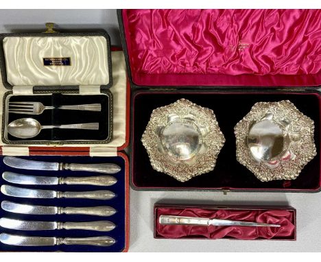 ASSORTED CASED SILVER COLLECTABLES including pair of Victorian octagonal bowls with embossed decoration, Fenton Brothers Ltd.