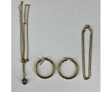 ASSORTED 9CT GOLD JEWELLERY including large hollow loop earrings, flat curb link bracelets and opal pendant with chain, 8gms 