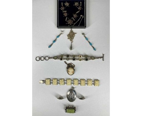 ASSORTED SILVER JEWELLERY in six boxes, including chunky green stone bracelet, brooch, turquoise earrings, Celtic knot pendan