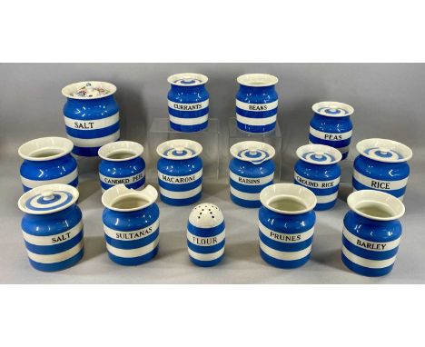 FOURTEEN T. G. GREEN CORNISH WARE KITCHEN CONTAINERS, some with covers, 18cms (h) the tallest with a similar flower dredger, 