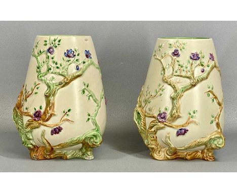PAIR OF CLARICE CLIFF NEWPORT POTTERY 'MY GARDEN' VASES, decorated in relief, number 989, moulded and printed marks to bases,