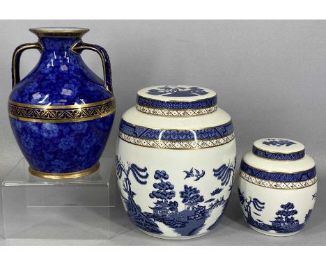 WEDGWOOD BLUE LUSTRE TWO-HANDLED AMPHORA VASE with gilded highlights, impressed marks, numbered 73037, 18.5cms (h) and two gr