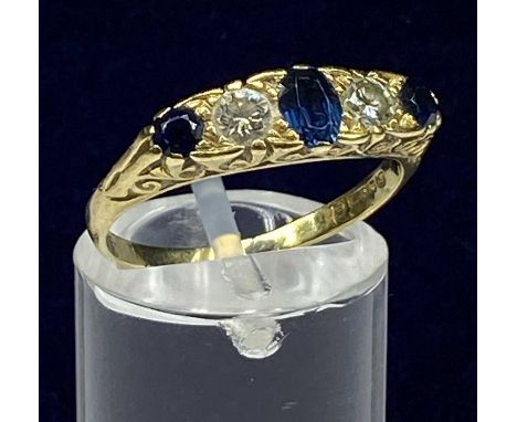 18CT GOLD SAPPHIRE & DIAMOND FIVE STONE RING, size R, 4gmsProvenance: deceased estate Conwy 