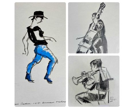 ‡ KAREL LEK (Belgian/Welsh 1929 - 2020) three works on paper - pen and ink wash entitled 'Country Showdown' 1.6.97, signed lo