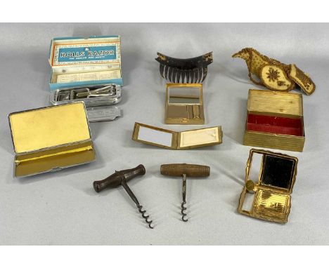 ASSORTED COLLECTABLES including faux tortoiseshell hair comb, Edwardian beadwork bird, dated 1901, various vintage powder com