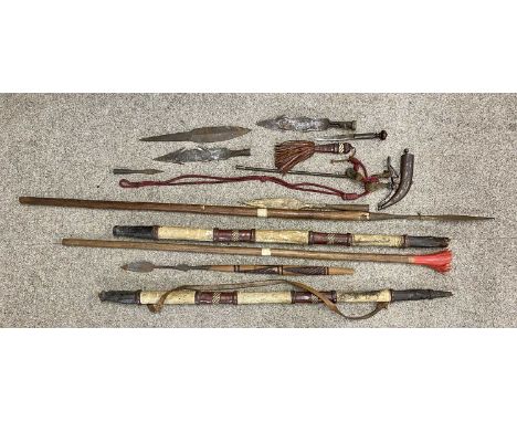 ASSORTED COLLECTABLES including native spears, dagger, steel powder flask and other itemsProvenance: private collection Conwy