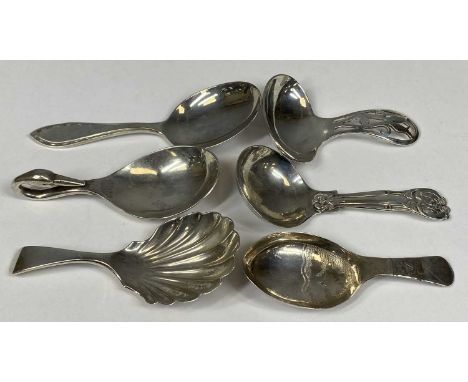 GROUP OF SIX SILVER CADDY SPOONS, Victorian shell moulded bowl, Josiah Williams & Co., London 1892, George VI with pierced ha