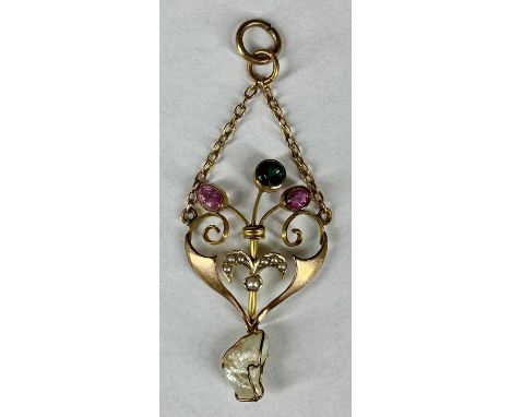 EDWARDIAN 9CT GOLD OPENWORK PENDANT, set with stones, split seed pearls and with natural pearl drop, 2.2gmsProvenance: privat