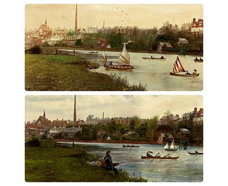 LATE 19TH CENTURY ENGLISH SCHOOL two oil on boards - both of the River Dee at Chester, one with sailing boats and rowing boat