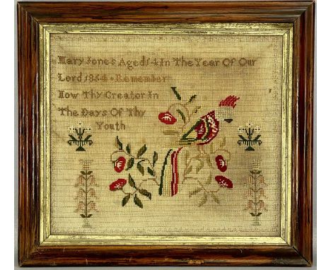 VICTORIAN NEEDLEWORK SAMPLER with parrot and flowers, 'Mary Jones aged 14 in the year of our Lord 1864 · Remember Now Thy Cre