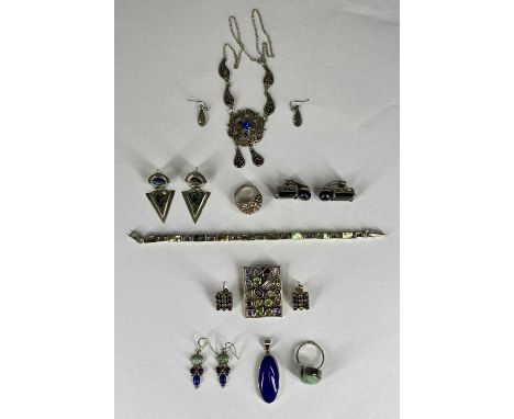 ASSORTED SILVER COSTUME JEWELLERY, contained within five boxes, including abalone tennis bracelet, ring and ear clips set etc