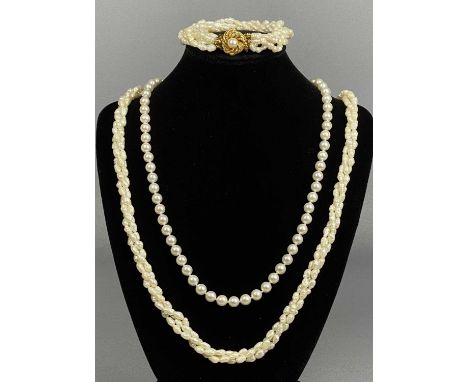FRESHWATER PEARL TRIPLE STRAND NECKLACE with silver gilt clasp, 30cms (l), similar bracelet and simulated pearl single strand