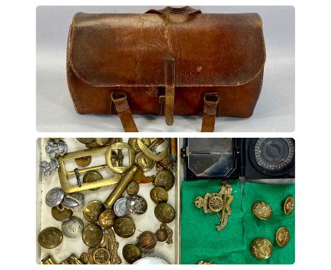 MILITARIA including assorted cap badges, uniform buttons, cartridge cases, WWII mark I magnetic marching compass no. B323701 
