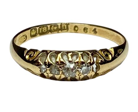 18CT GOLD RING SET WITH BAND OF FOUR SMALL DIAMONDS, size O, 2.2gmsProvenance: deceased estate Conwy